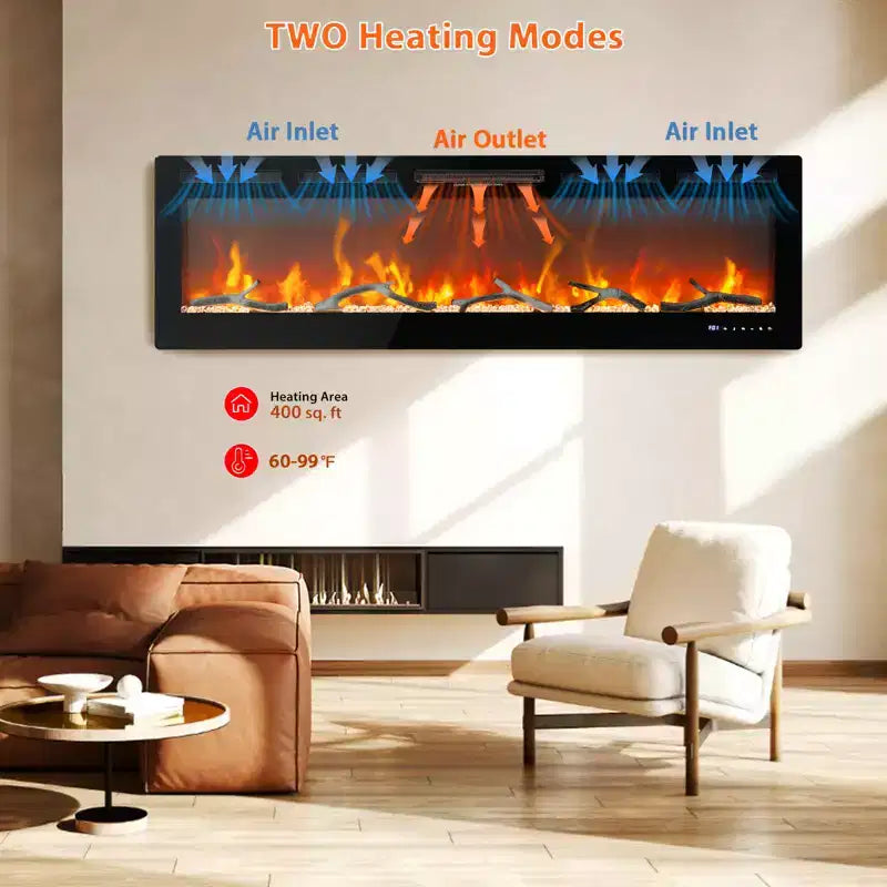 CuisinSmart Chimenea eléctrica empotrable de pared de 72 pulgadas, con 12 colores de llama, doble calefacción de 750w/1500w, chimenea inteligente con control de voz