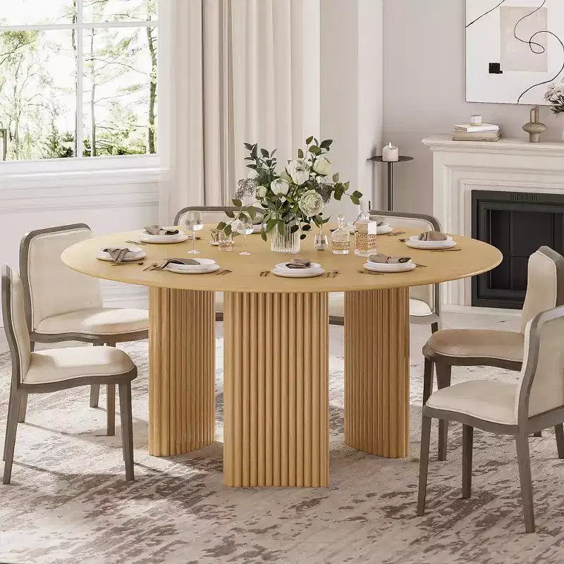 PexFix Mesa de Comedor Redonda Moderna de 60" con Patas Cilíndricas Rayadas, Mesa de Cocina de Madera Maciza con Almohadillas Antirrayas para Comedor y Barra de Cocina en Natural