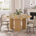 PexFix Mesa de Comedor Redonda Moderna de 60" con Patas Cilíndricas Rayadas, Mesa de Cocina de Madera Maciza con Almohadillas Antirrayas para Comedor y Barra de Cocina en Natural