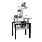 Mesa de centro cuadrada de cristal de 2 niveles con estante de almacenamiento, mesa de té moderna para sala de estar u oficina