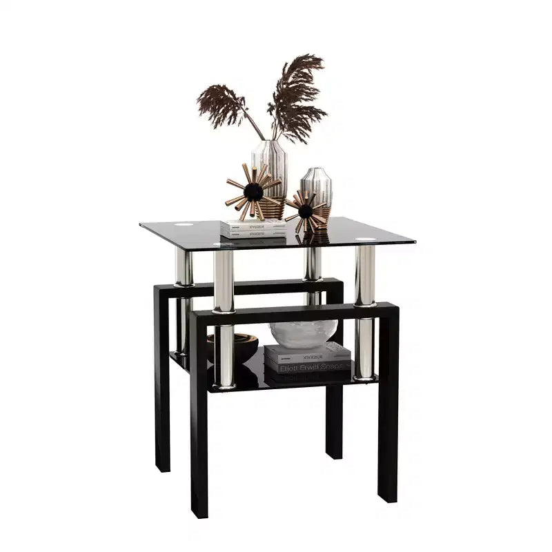 Mesa de centro cuadrada de cristal de 2 niveles con estante de almacenamiento, mesa de té moderna para sala de estar u oficina