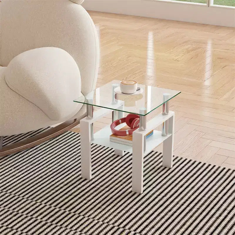 Mesa de centro cuadrada de cristal de 2 niveles con estante de almacenamiento, mesa de té moderna para sala de estar u oficina