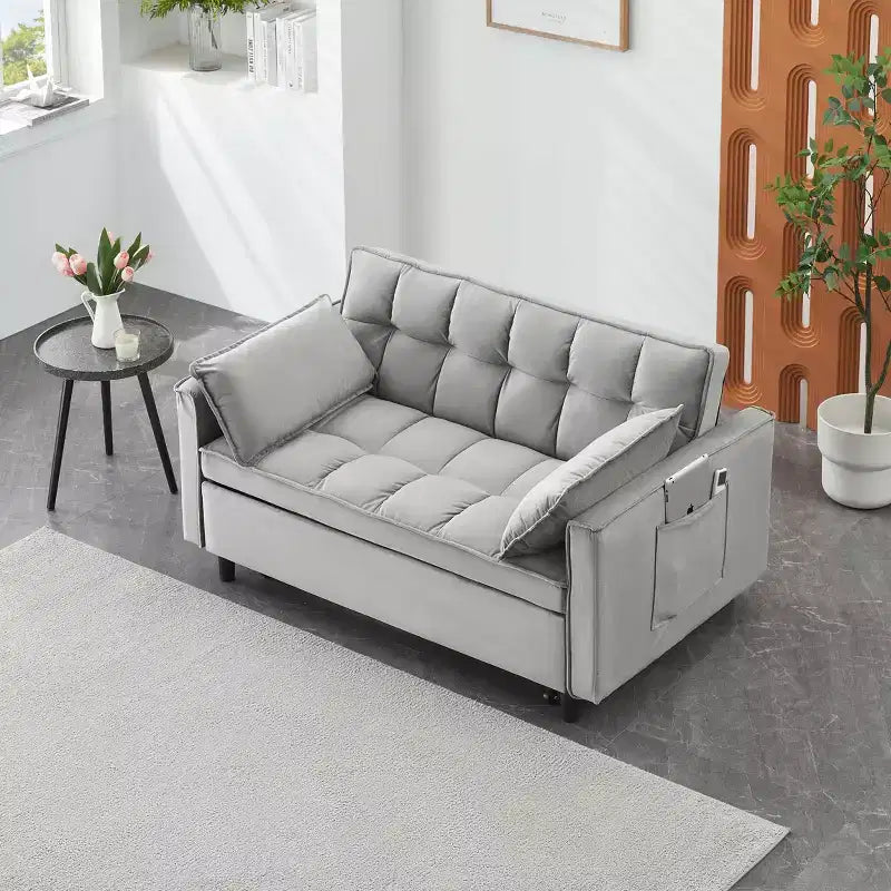 MAYEERTY Sofá cama moderno de terciopelo de dos plazas con almohadas y bolsillos para sala de estar o dormitorio, color gris