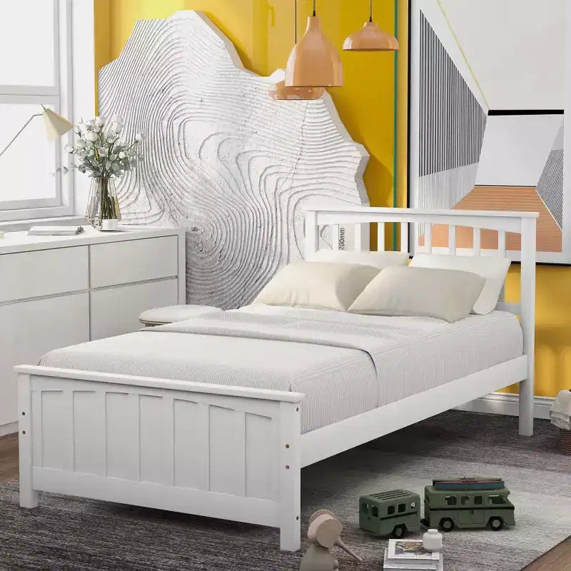 Cama de plataforma de madera maciza tamaño individual, base de cama de madera individual con cabecero para dormitorio