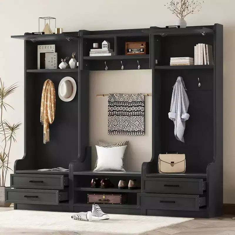Perchero, Mueble recibidor con almacenaje de zapatos, Zapatero de estilo rústico con 3 cajones, 7 ganchos para abrigos, Organizador de zapatos independiente para entrada, pasillo, armario