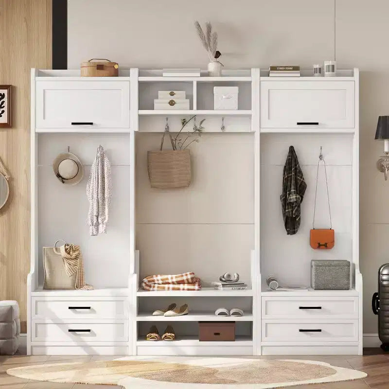 Perchero, Mueble recibidor con almacenaje de zapatos, Zapatero de estilo rústico con 3 cajones, 7 ganchos para abrigos, Organizador de zapatos independiente para entrada, pasillo, armario