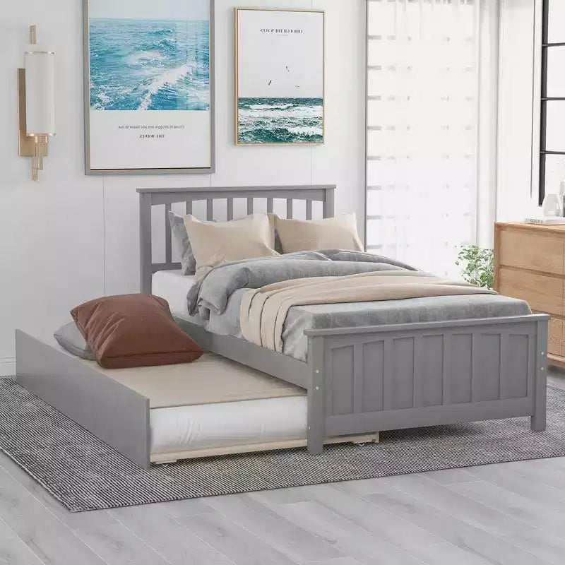Twin Platform with Trundle, Wood Bed Frame with Headboard and Footboard for Bedroom
