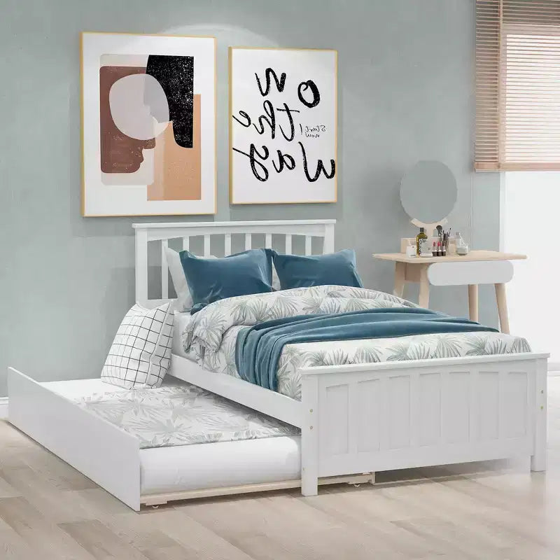 Plataforma doble con nido, estructura de cama de madera con cabecero y pie de cama para dormitorio