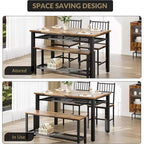 Juego de mesa de comedor de estilo rústico moderno de 47" para 4 personas, incluye banco y sillas, estructura de metal con estante de almacenamiento, diseño que ahorra espacio para cocina y comedor