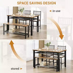 Juego de mesa de comedor de estilo rústico moderno de 47" para 4 personas, incluye banco y sillas, estructura de metal con estante de almacenamiento, diseño que ahorra espacio para cocina y comedor
