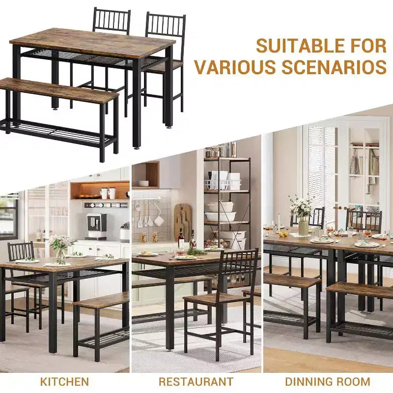 Juego de mesa de comedor de estilo rústico moderno de 47" para 4 personas, incluye banco y sillas, estructura de metal con estante de almacenamiento, diseño que ahorra espacio para cocina y comedor