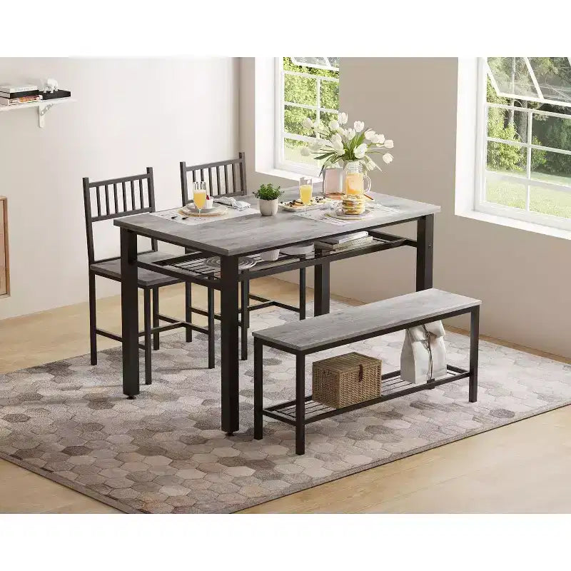 Juego de mesa de comedor de estilo rústico moderno de 47" para 4 personas, incluye banco y sillas, estructura de metal con estante de almacenamiento, diseño que ahorra espacio para cocina y comedor