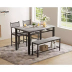Juego de mesa de comedor de estilo rústico moderno de 47" para 4 personas, incluye banco y sillas, estructura de metal con estante de almacenamiento, diseño que ahorra espacio para cocina y comedor