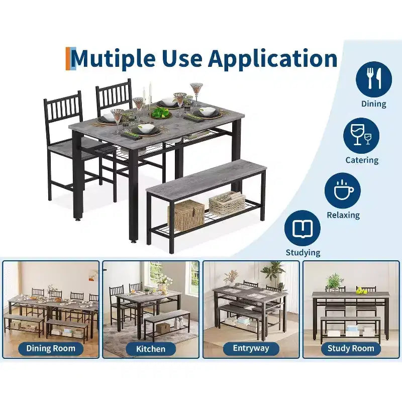 Juego de mesa de comedor de estilo rústico moderno de 47" para 4 personas, incluye banco y sillas, estructura de metal con estante de almacenamiento, diseño que ahorra espacio para cocina y comedor