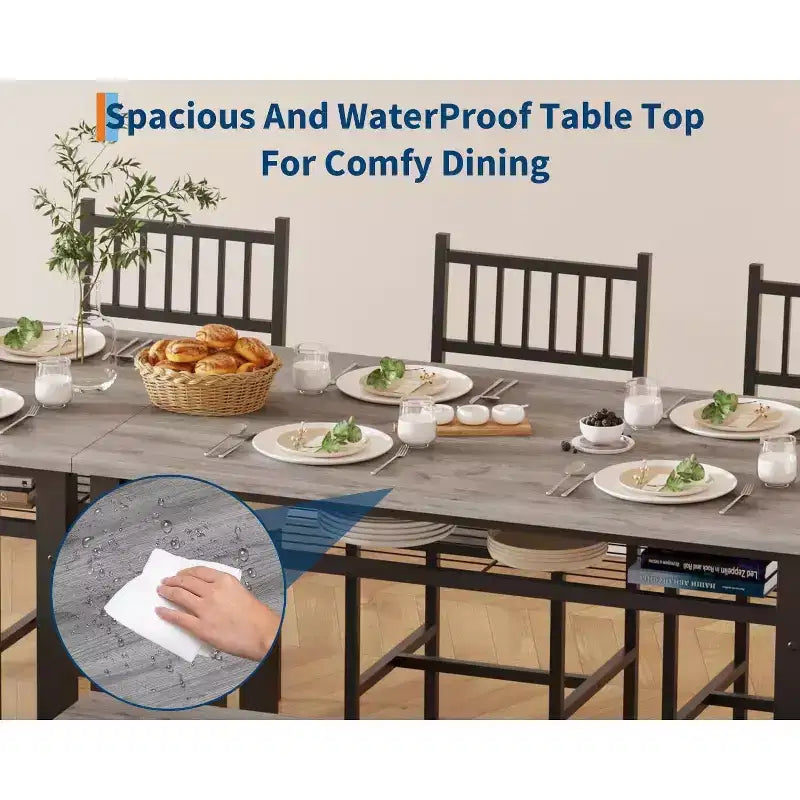 Juego de mesa de comedor de estilo rústico moderno de 47" para 4 personas, incluye banco y sillas, estructura de metal con estante de almacenamiento, diseño que ahorra espacio para cocina y comedor