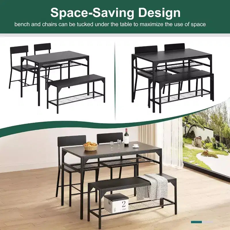 Juego de mesa de comedor de estilo rústico moderno de 47" para 4 personas, incluye banco y sillas, estructura de metal con estante de almacenamiento, diseño que ahorra espacio para cocina y comedor