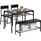 Juego de mesa de comedor de estilo rústico moderno de 47" para 4 personas, incluye banco y sillas, estructura de metal con estante de almacenamiento, diseño que ahorra espacio para cocina y comedor