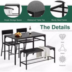 Juego de mesa de comedor de estilo rústico moderno de 47" para 4 personas, incluye banco y sillas, estructura de metal con estante de almacenamiento, diseño que ahorra espacio para cocina y comedor