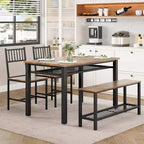 Juego de mesa de comedor de estilo rústico moderno de 47" para 4 personas, incluye banco y sillas, estructura de metal con estante de almacenamiento, diseño que ahorra espacio para cocina y comedor