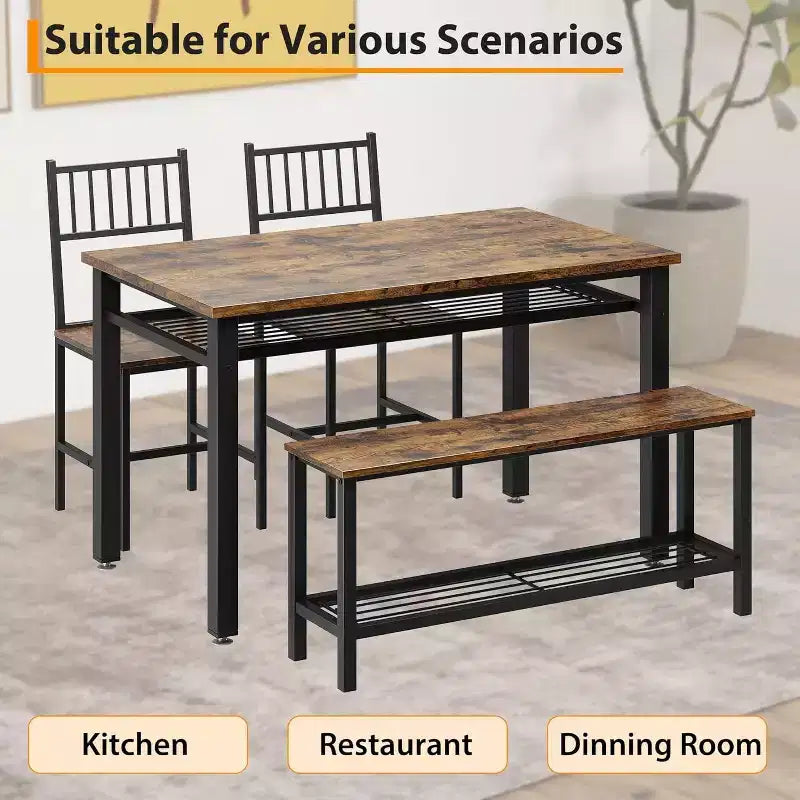 Juego de mesa de comedor de estilo rústico moderno de 47" para 4 personas, incluye banco y sillas, estructura de metal con estante de almacenamiento, diseño que ahorra espacio para cocina y comedor