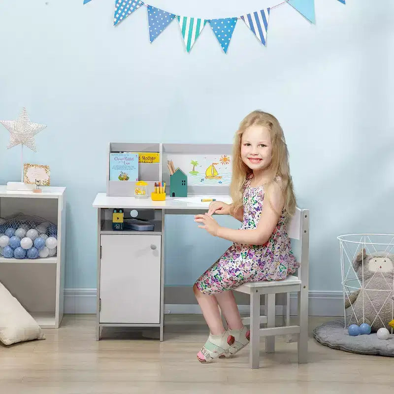 Juego de escritorio y silla Whisen para niños y niños pequeños, escritorio de estudio para niños, muebles infantiles con pizarra blanca - Gris