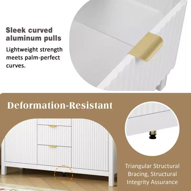 Aparador Clihome con diseño ondulado - 3 estantes ajustables, 3 cajones y puertas de cierre suave, mesa consola de almacenamiento con tiradores de metal