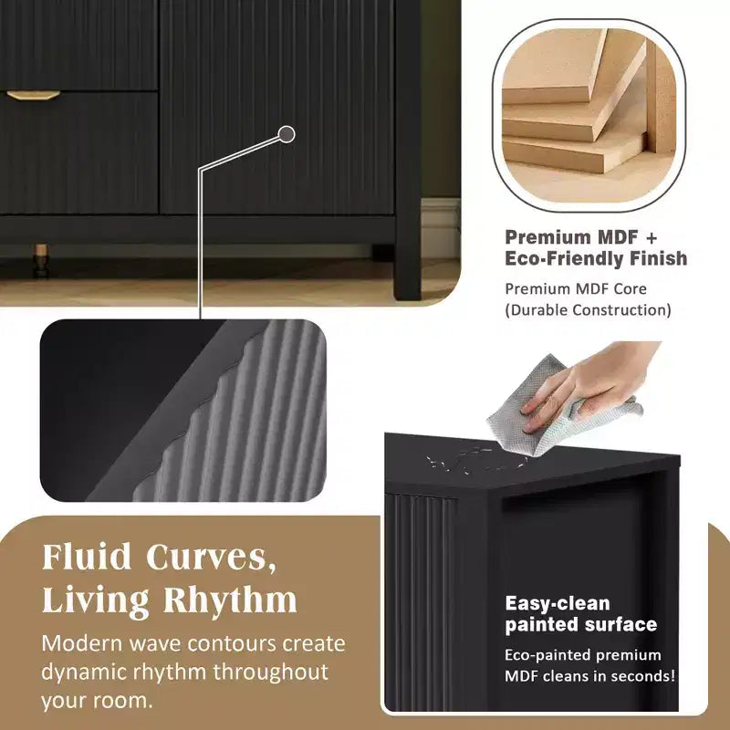 Aparador Clihome con diseño ondulado - 3 estantes ajustables, 3 cajones y puertas de cierre suave, mesa consola de almacenamiento con tiradores de metal