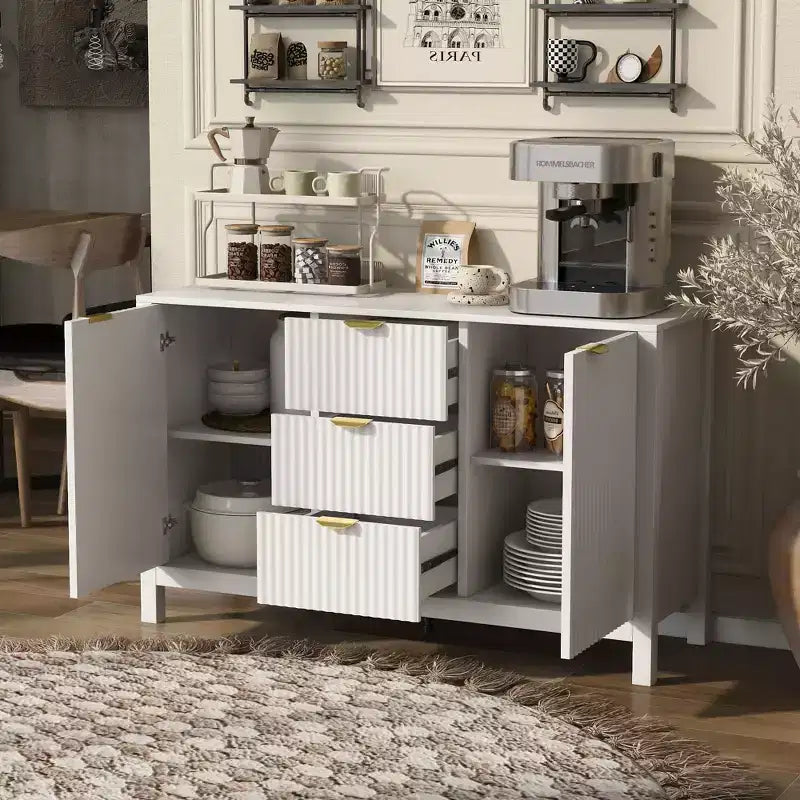 Aparador Clihome con diseño ondulado - 3 estantes ajustables, 3 cajones y puertas de cierre suave, mesa consola de almacenamiento con tiradores de metal