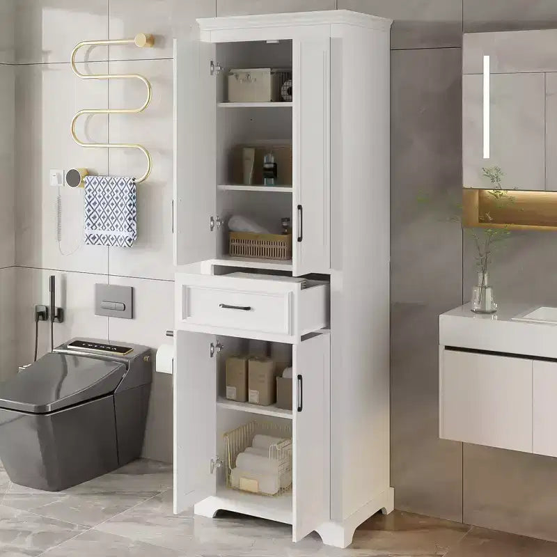 Armario de almacenamiento de baño independiente con cajón, estantes ajustables, puertas con bisagras amortiguadas, acabado pintado duradero, blanco - ModernLuxe