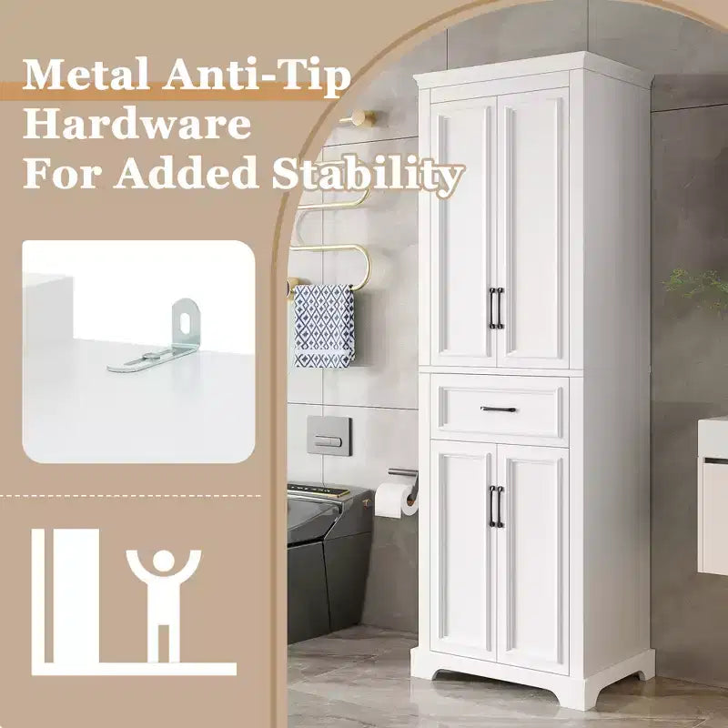 Armario de almacenamiento de baño independiente con cajón, estantes ajustables, puertas con bisagras amortiguadas, acabado pintado duradero, blanco - ModernLuxe
