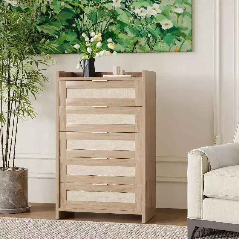 Cómoda bohemia de 5 cajones de ratán para dormitorio, mueble grande de madera con cajones para ropa, organizador de mesita de noche para pasillo, sala de estar