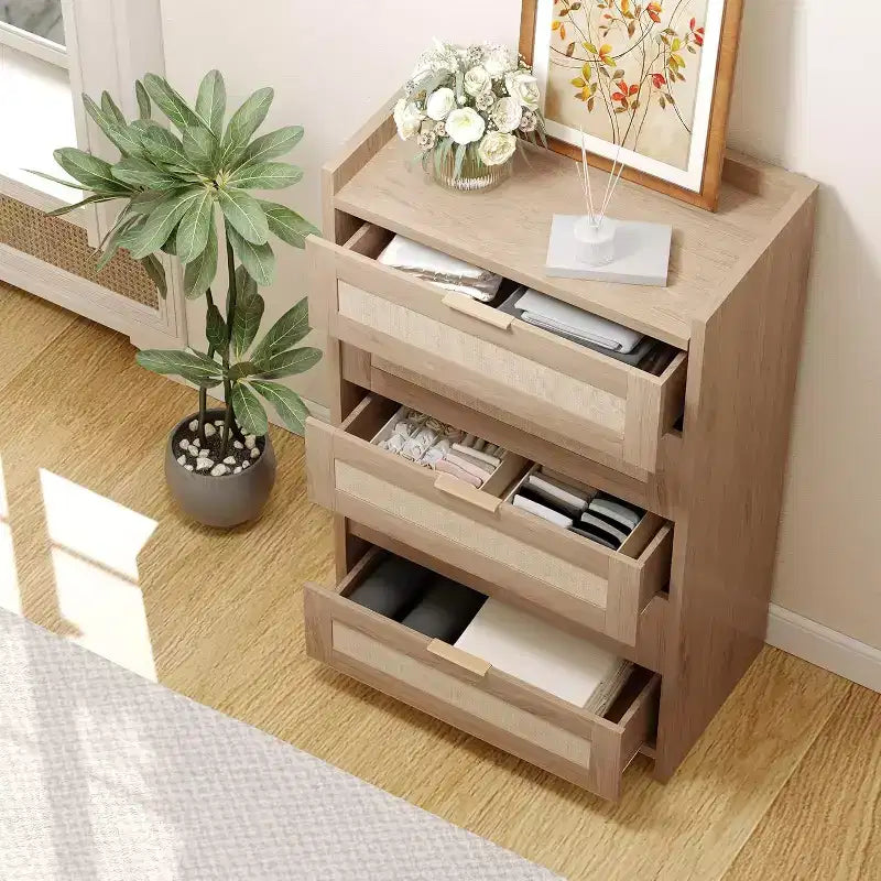 Cómoda bohemia de 5 cajones de ratán para dormitorio, mueble grande de madera con cajones para ropa, organizador de mesita de noche para pasillo, sala de estar