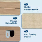 Cómoda bohemia de 5 cajones de ratán para dormitorio, mueble grande de madera con cajones para ropa, organizador de mesita de noche para pasillo, sala de estar