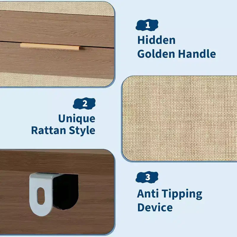 Cómoda bohemia de 5 cajones de ratán para dormitorio, mueble grande de madera con cajones para ropa, organizador de mesita de noche para pasillo, sala de estar