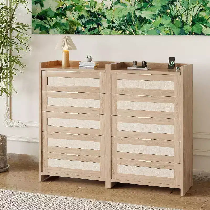Cómoda bohemia de 5 cajones de ratán para dormitorio, mueble grande de madera con cajones para ropa, organizador de mesita de noche para pasillo, sala de estar