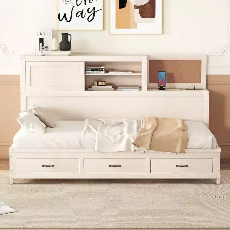 Cama nido con 3 cajones de almacenamiento y tomas de corriente y puertos USB, estructura de madera con tablero superior blando para dormitorio de invitados, blanco