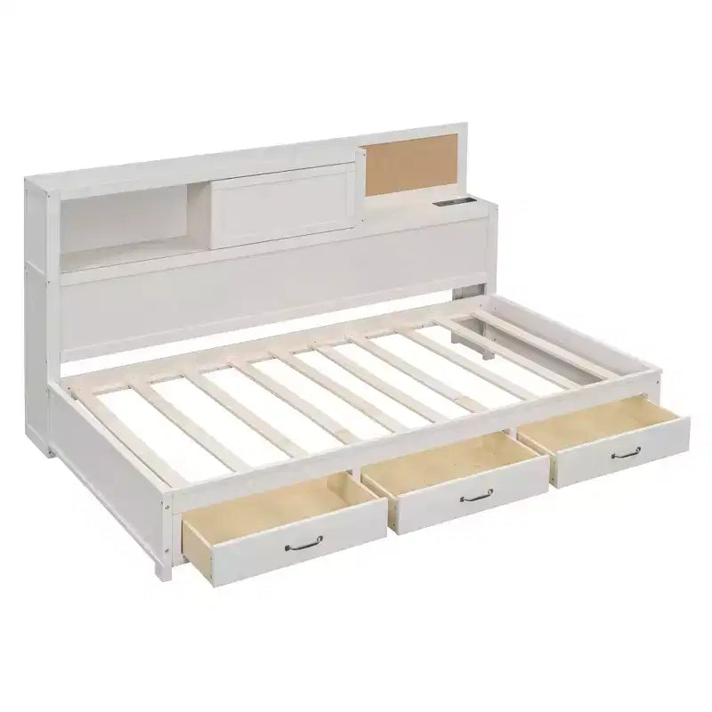Cama nido con 3 cajones de almacenamiento y tomas de corriente y puertos USB, estructura de madera con tablero superior blando para dormitorio de invitados, blanco
