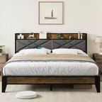 King Bed Frame with Headboard, Vintage Platform Bed with Charging Station & Storage Shelf, No Box Spring Needed, Grey & Brown