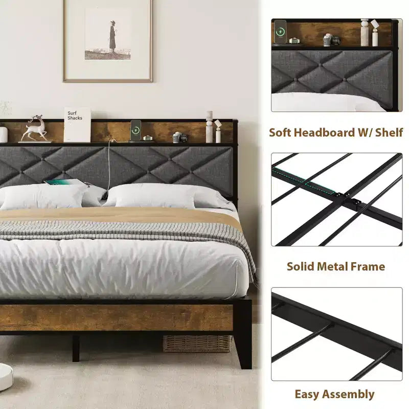 Marco de cama King con cabecero, cama tipo plataforma vintage con estación de carga y estante de almacenamiento, no necesita somier, gris y marrón