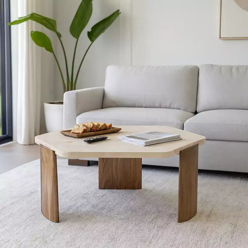 Mesa de centro octogonal elegante de madera de mango y piedra, estilo glam moderno, decoración para sala de estar, dormitorio u oficina en casa - 17 marrón