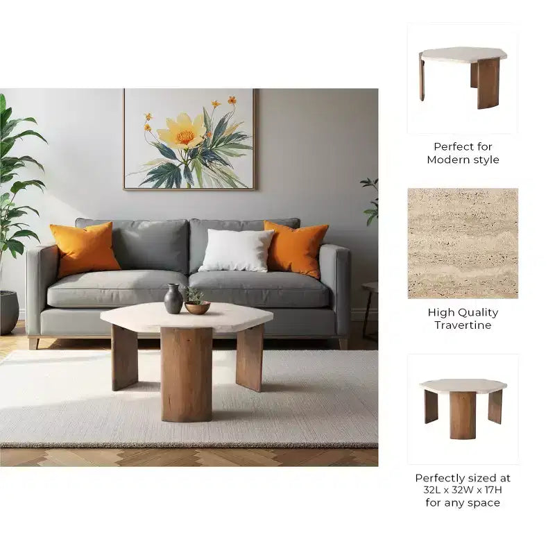 Mesa de centro octogonal elegante de madera de mango y piedra, estilo glam moderno, decoración para sala de estar, dormitorio u oficina en casa - 17 marrón