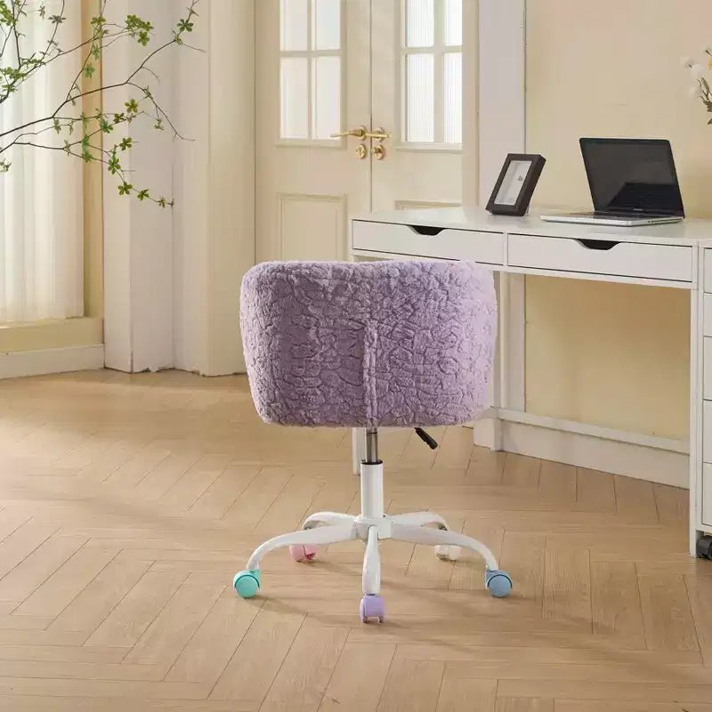 Silla de oficina MAYEERTY de pelo de conejo artificial - Base de metal, giratoria ajustable, silla de tocador, violeta