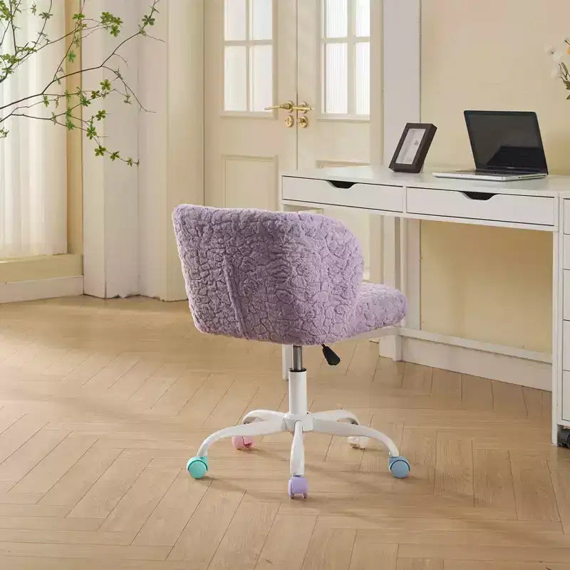 Silla de oficina MAYEERTY de pelo de conejo artificial - Base de metal, giratoria ajustable, silla de tocador, violeta