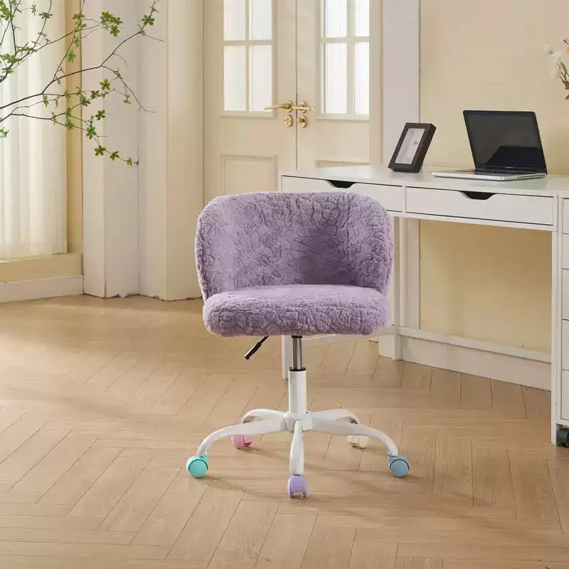 Silla de oficina MAYEERTY de pelo de conejo artificial - Base de metal, giratoria ajustable, silla de tocador, violeta