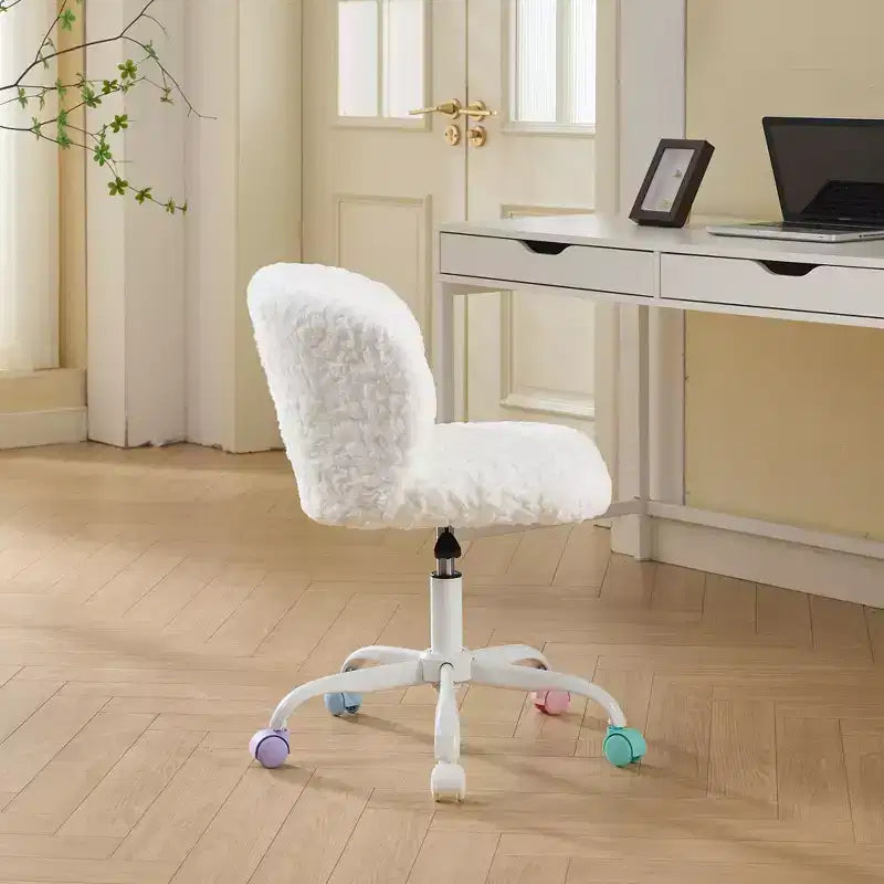 Silla de oficina MAYEERTY de pelo de conejo artificial - Base de metal, giratoria ajustable, silla de tocador, violeta