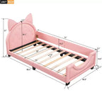 Sofá cama individual de cartón para niños, estructura de sofá cama de piel sintética con cabecero en forma de orejas y decoración de remaches para niñas y niños, rosa