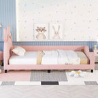 Sofá cama individual de cartón para niños, estructura de sofá cama de piel sintética con cabecero en forma de orejas y decoración de remaches para niñas y niños, rosa