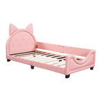 Sofá cama individual de cartón para niños, estructura de sofá cama de piel sintética con cabecero en forma de orejas y decoración de remaches para niñas y niños, rosa