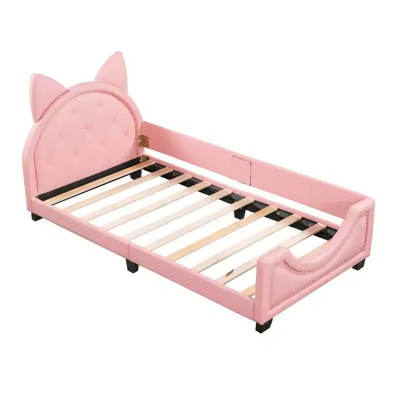 Sofá cama individual de cartón para niños, estructura de sofá cama de piel sintética con cabecero en forma de orejas y decoración de remaches para niñas y niños, rosa