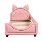 Sofá cama individual de cartón para niños, estructura de sofá cama de piel sintética con cabecero en forma de orejas y decoración de remaches para niñas y niños, rosa